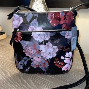 NWT, Kenneth Cole reaction black floral vegan leather Crossbody messenger bag.